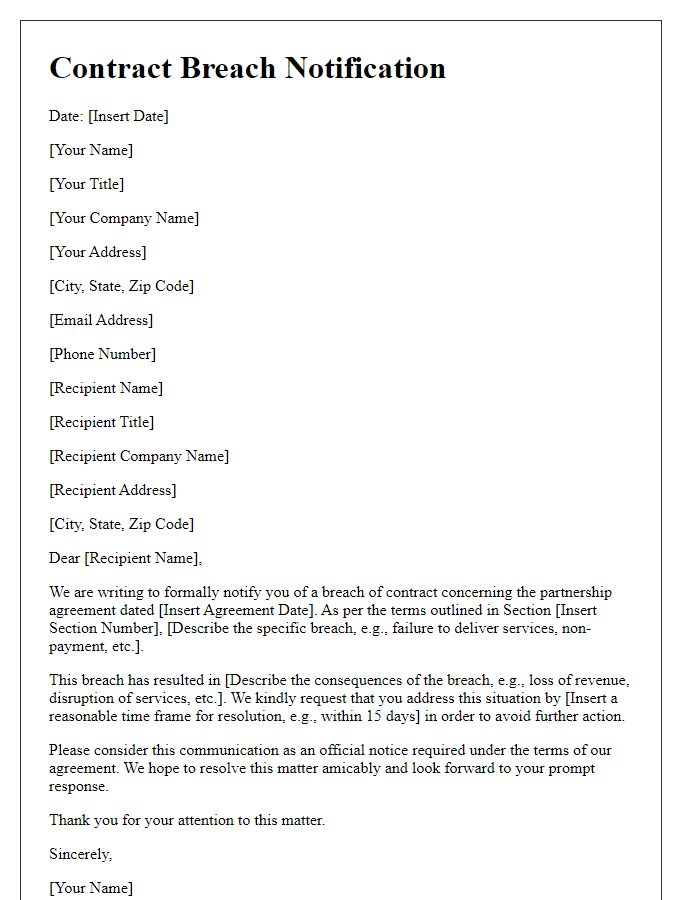 Letter template of contract breach notification for partnership agreement.