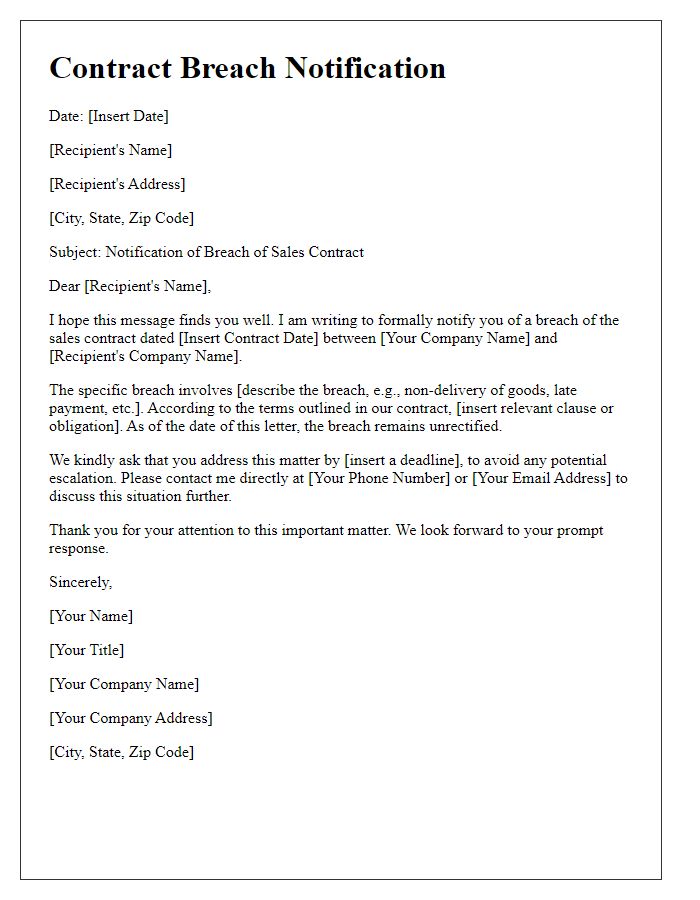 Letter template of contract breach notification for sales contract.