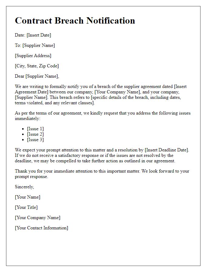 Letter template of contract breach notification for supplier agreement.