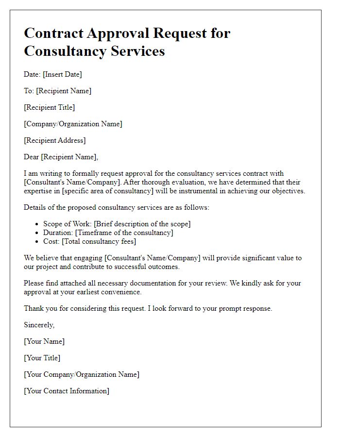 Letter template of contract approval request for consultancy services.