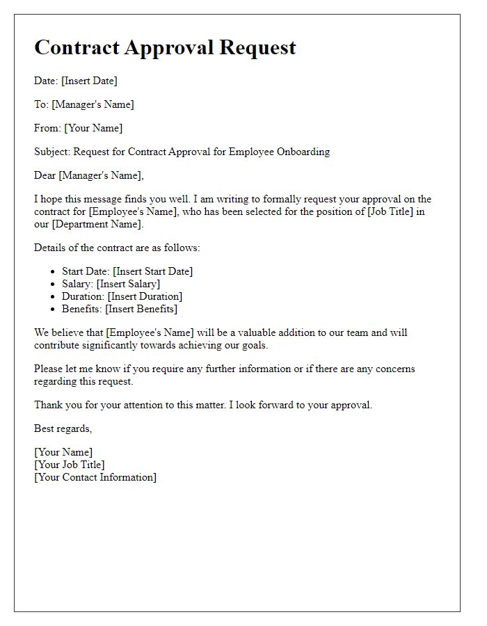 Letter template of contract approval request for employee onboarding.