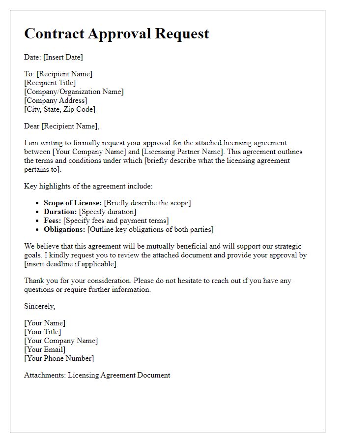 Letter template of contract approval request for licensing agreement.