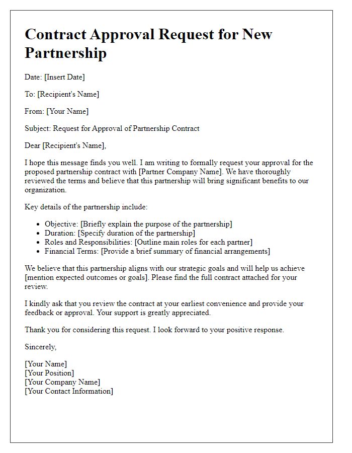 Letter template of contract approval request for new partnership.