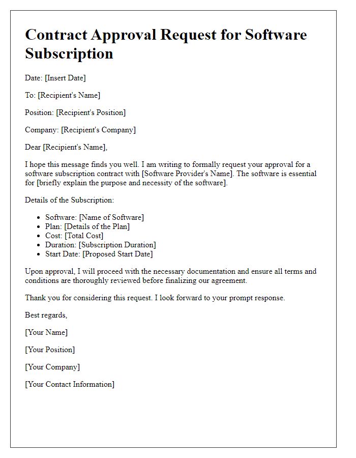 Letter template of contract approval request for software subscription.