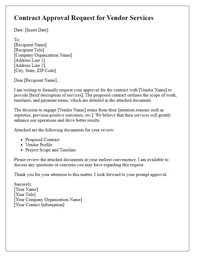 Letter template of contract approval request for vendor services.