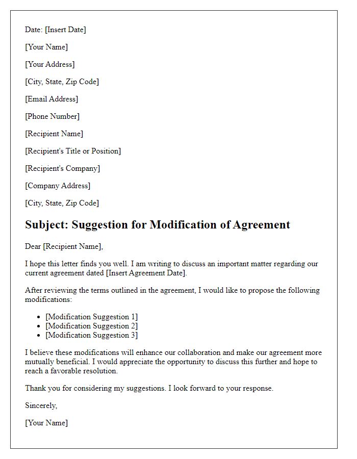 Letter template of agreement modification suggestion