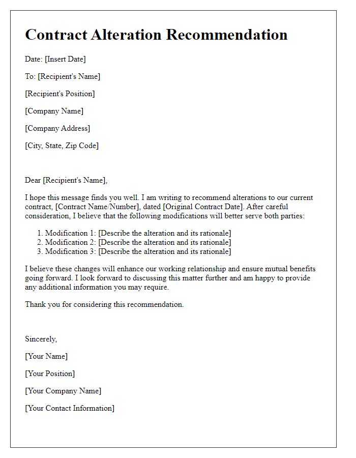 Letter template of contract alteration recommendation