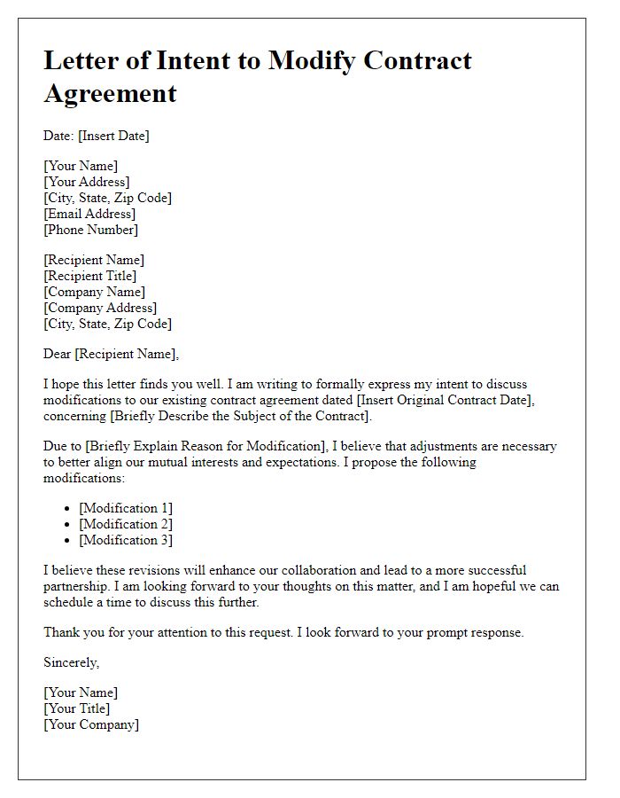 Letter template of intent to modify contract agreement