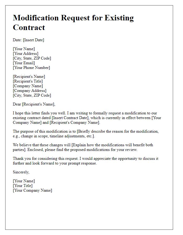 Letter template of modification request for existing contract