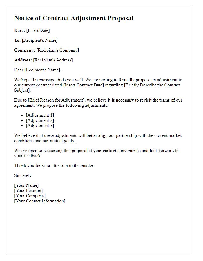 Letter template of notice for contract adjustment proposal