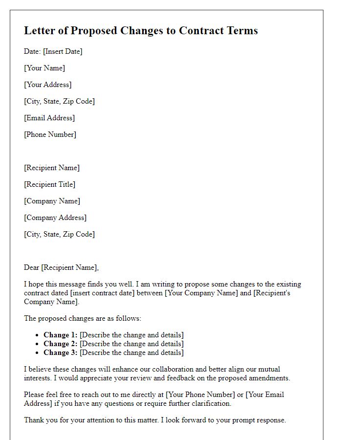 Letter template of proposed changes to contract terms