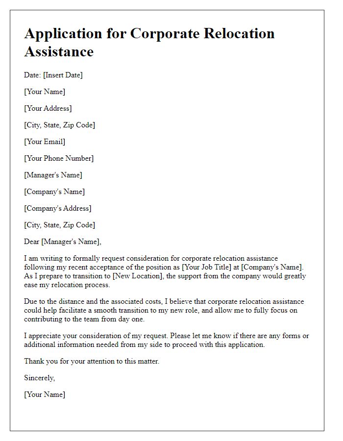 Letter template of application for corporate relocation assistance