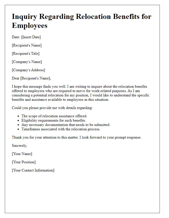 Letter template of inquiry regarding relocation benefits for employees