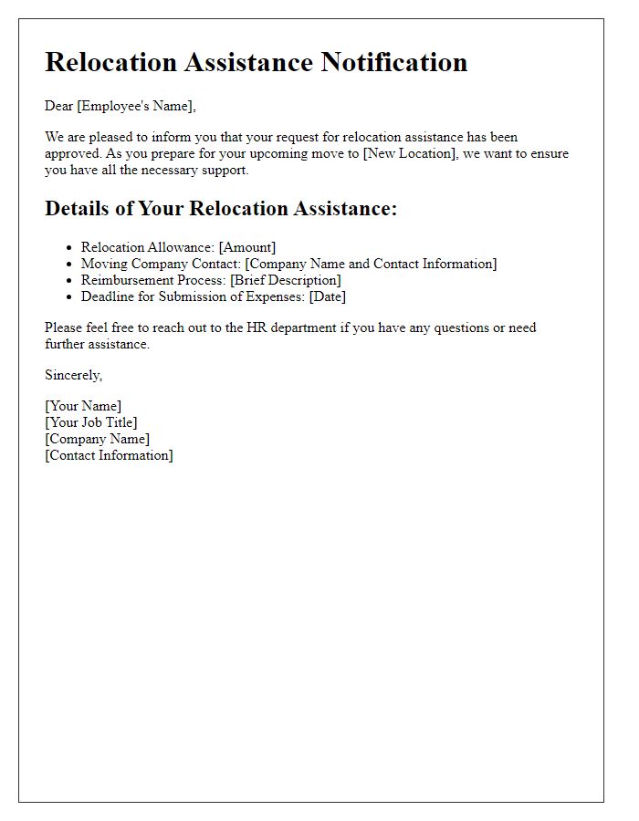 Letter template of notification for relocation assistance from HR