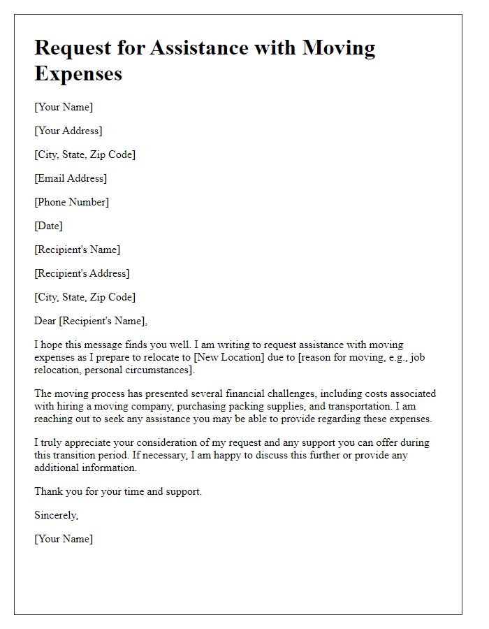 Letter template of request for assistance with moving expenses