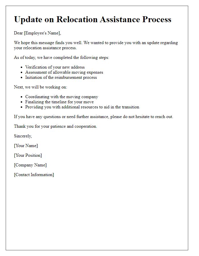 Letter template of update on relocation assistance process