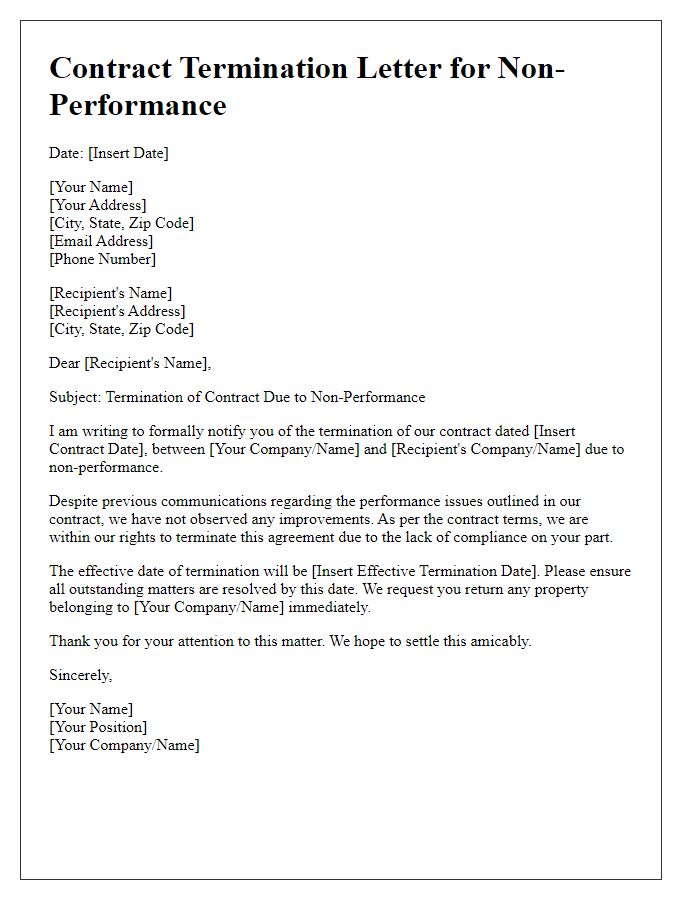 Letter template of contract termination for non-performance