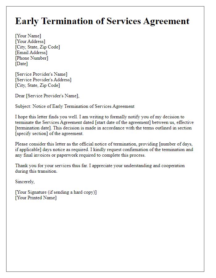 Letter template of early termination of services agreement