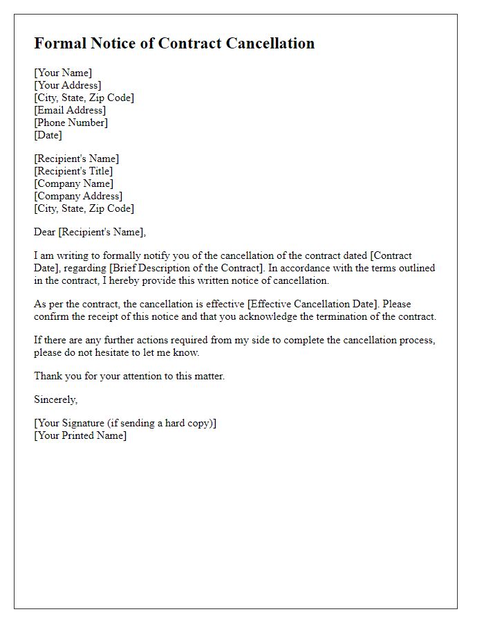 Letter template of formal notice of contract cancellation