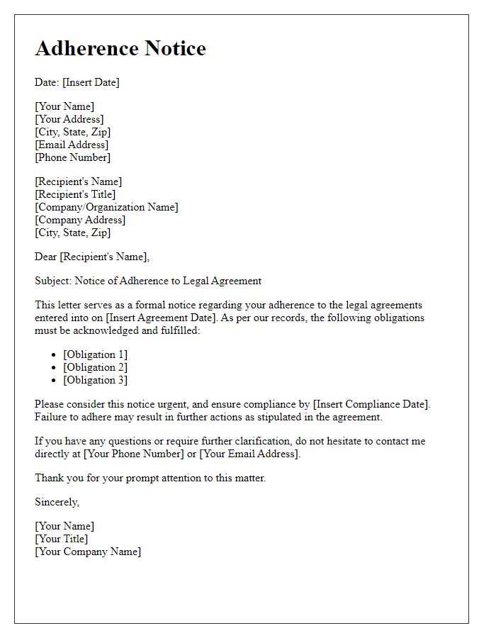 Letter template of adherence notice for legal agreements