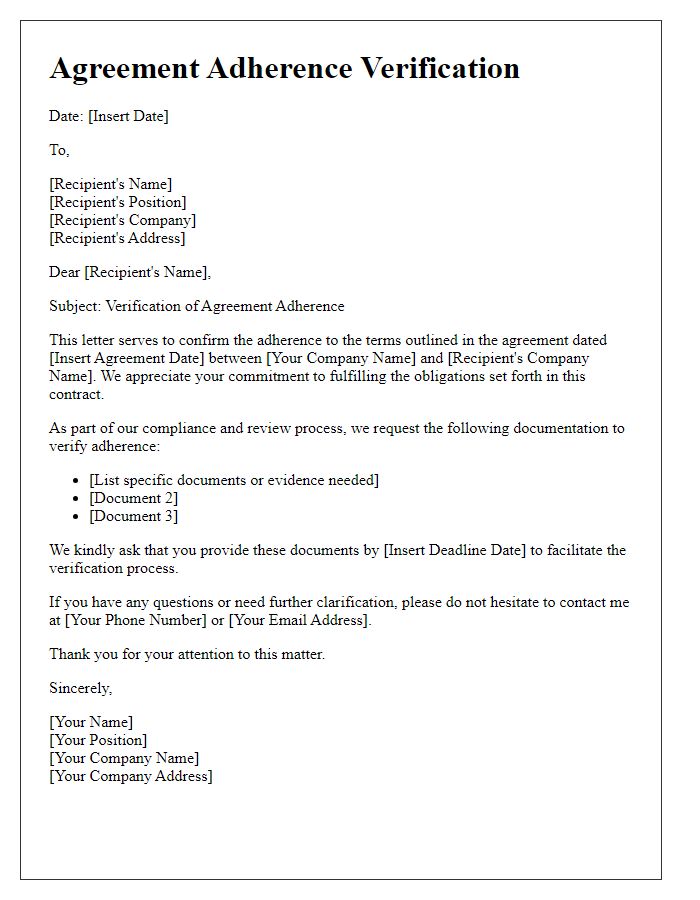 Letter template of agreement adherence verification