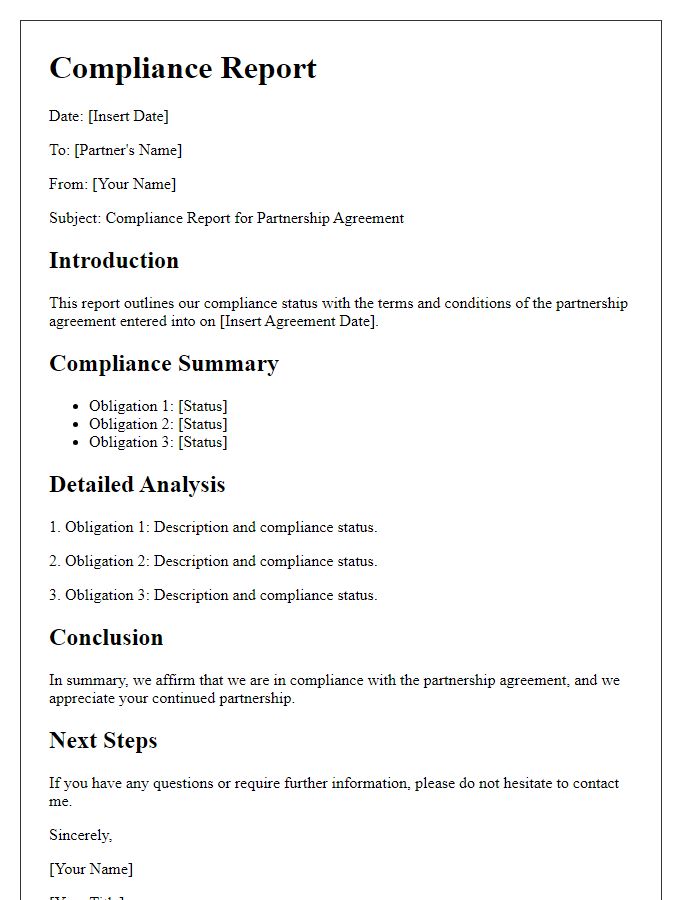 Letter template of compliance report for partnership agreements