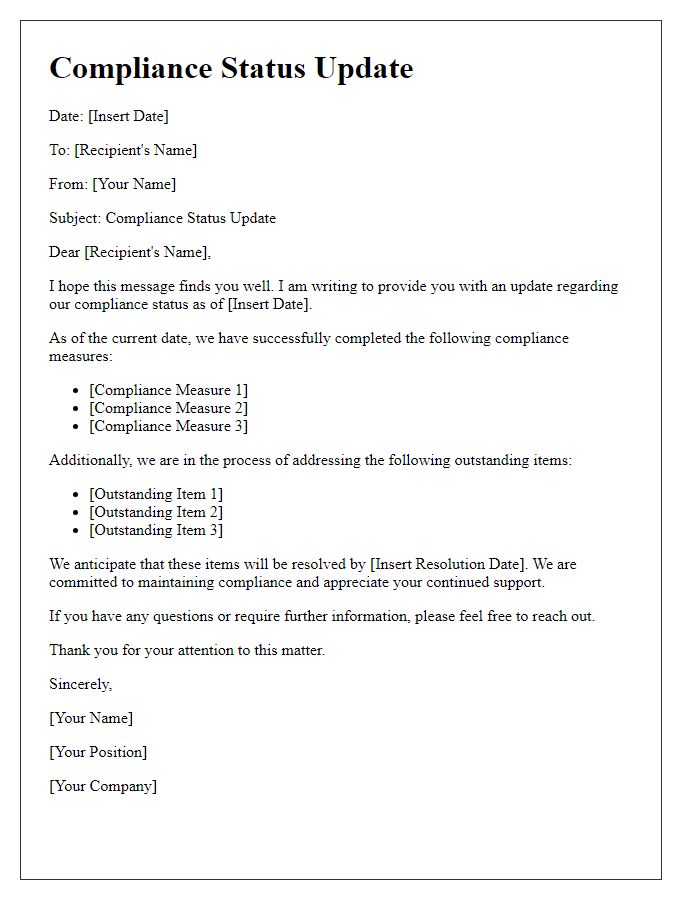 Letter template of compliance status update