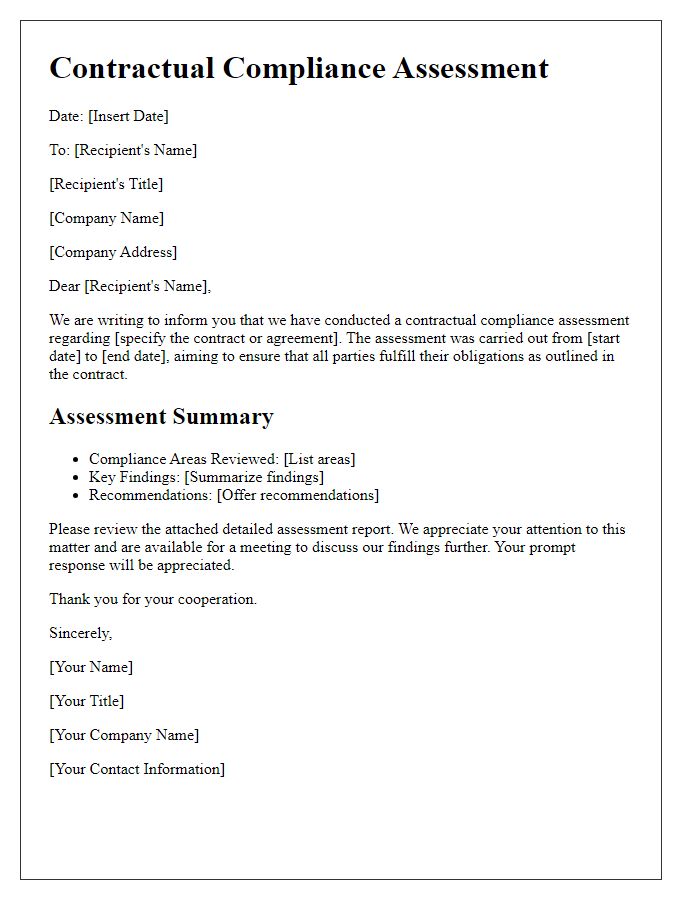 Letter template of contractual compliance assessment