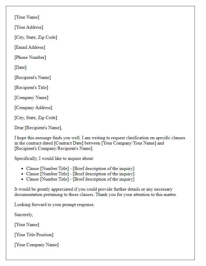 Letter template of inquiry about specific clauses in the contract.