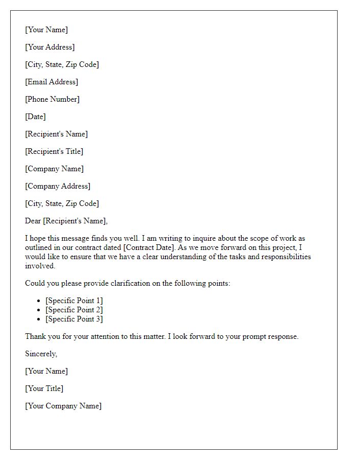 Letter template of inquiry regarding the scope of work in the contract.