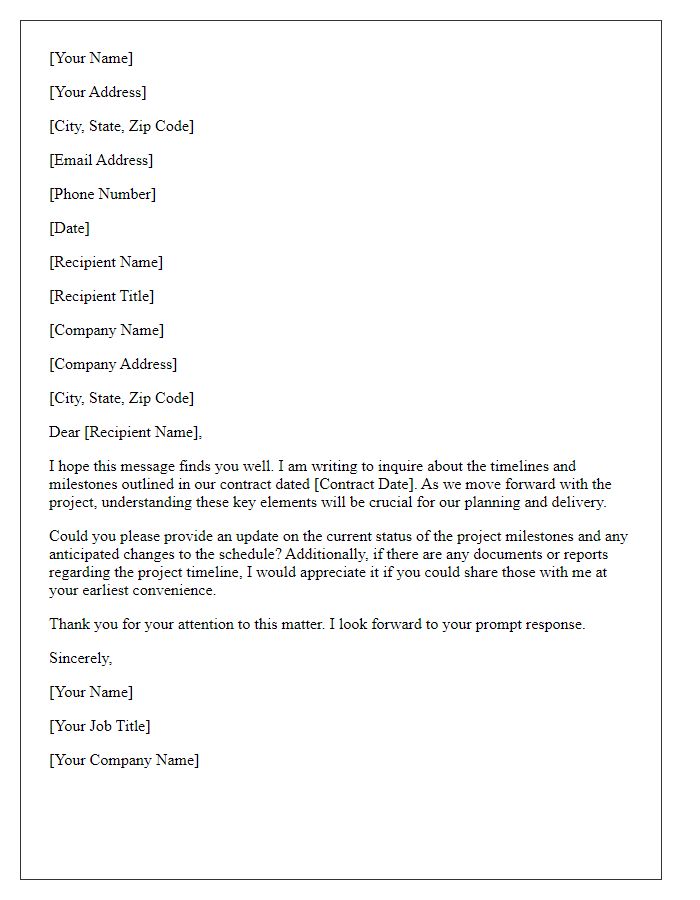 Letter template of inquiry regarding timelines and milestones in the contract.