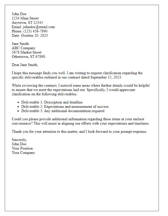 Letter template of request for clarification on deliverables outlined in the contract.