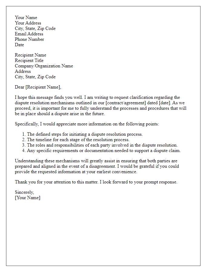 Letter template of request for clarification on dispute resolution mechanisms.