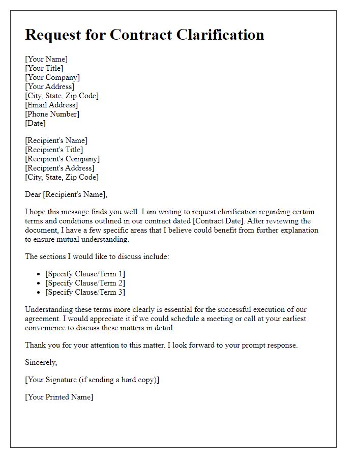 Letter template of request for contract clarification regarding terms and conditions.