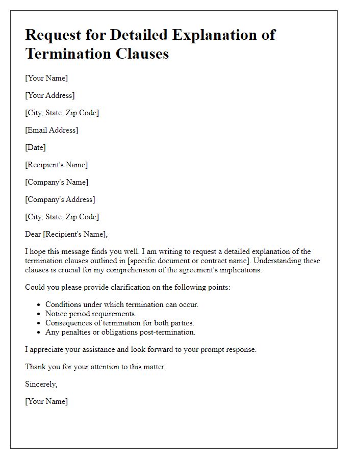 Letter template of request for detailed explanation of termination clauses.