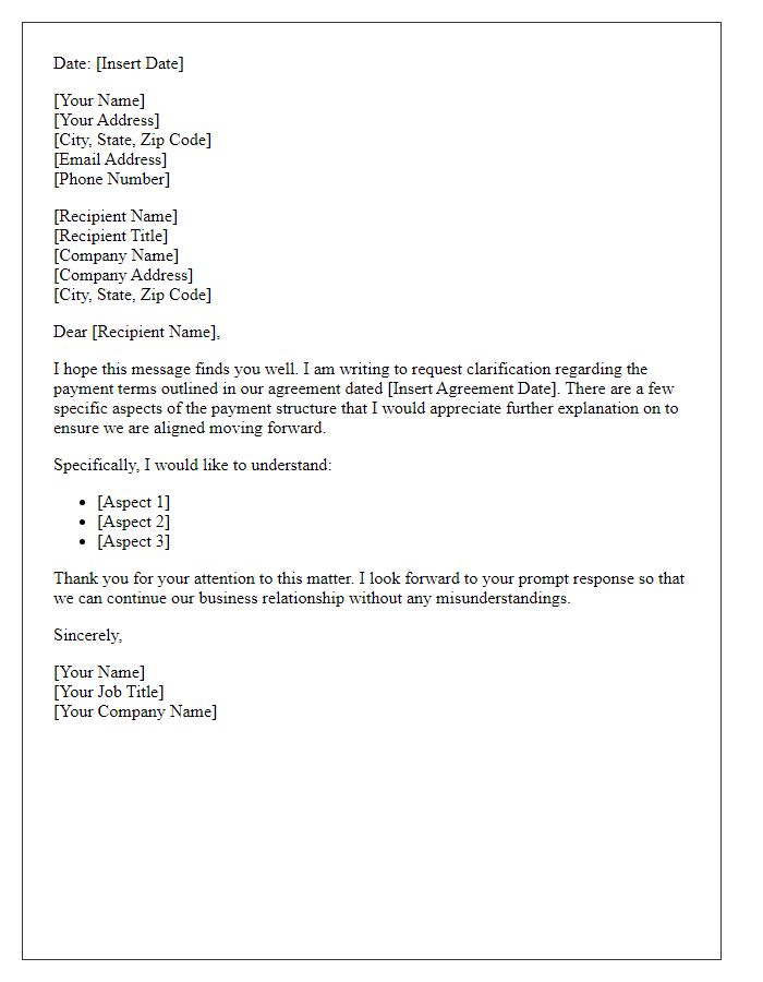 Letter template of request for explanation on payment terms in the agreement.