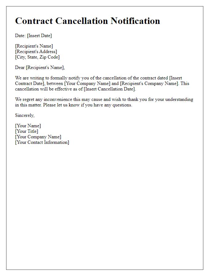 Letter template of contract cancellation notification