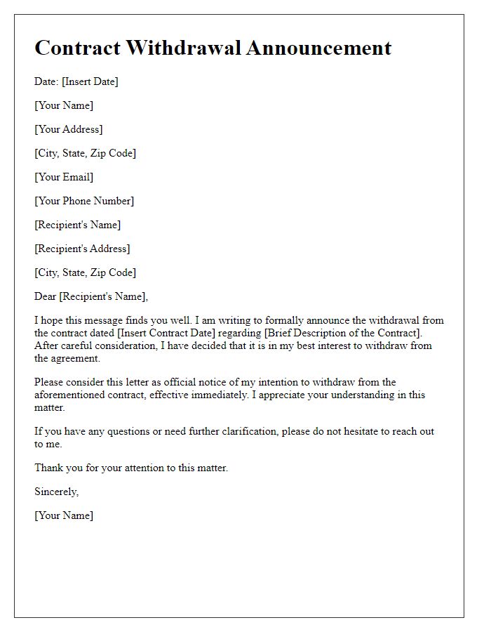 Letter template of contract withdrawal announcement