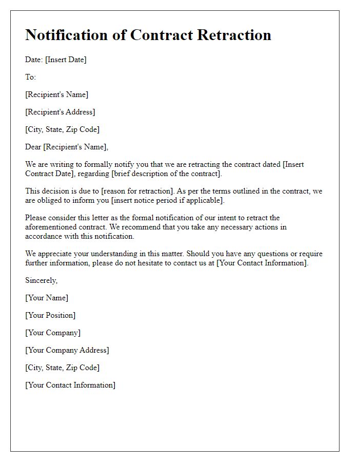 Letter template of notification for contract retraction