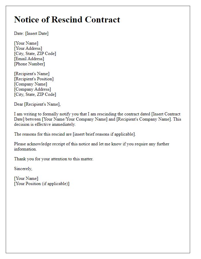 Letter template of rescind contract notice