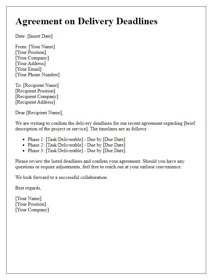 Letter template of agreement delivery deadlines