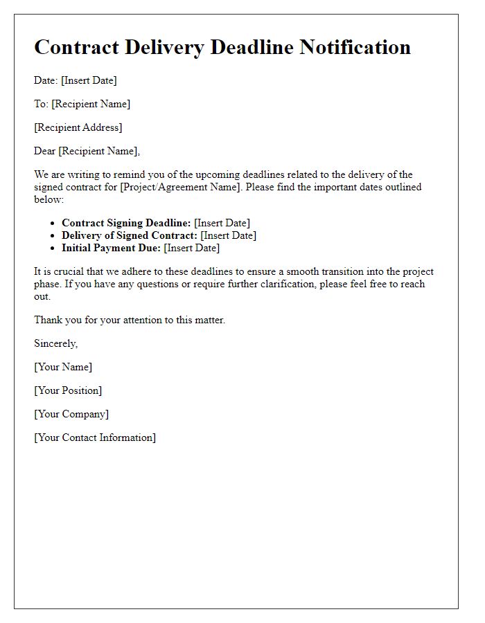 Letter template of deadlines for contract delivery