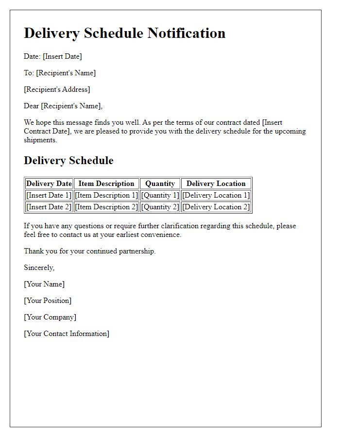 Letter template of delivery schedule for contract