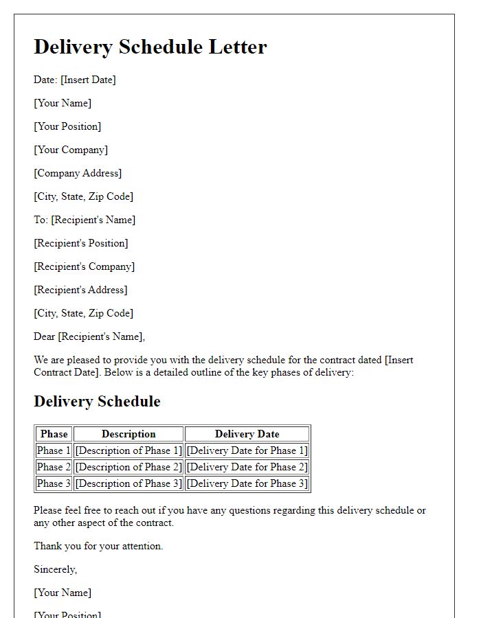 Letter template of phase delivery schedule for contract