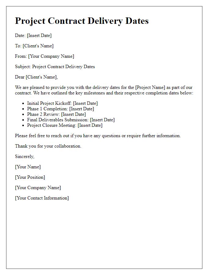 Letter template of project contract delivery dates