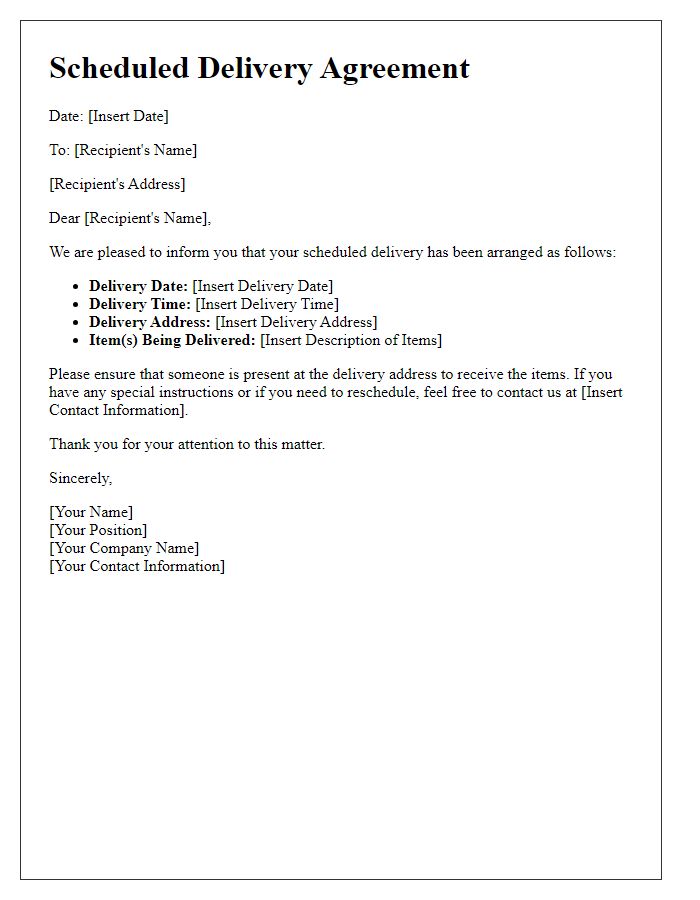 Letter template of scheduled delivery for agreement