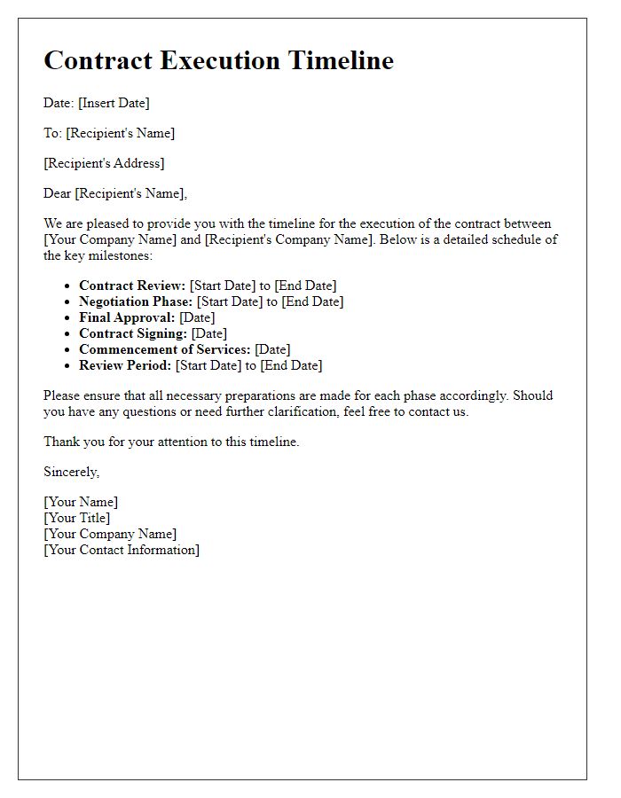 Letter template of timelines for contract execution