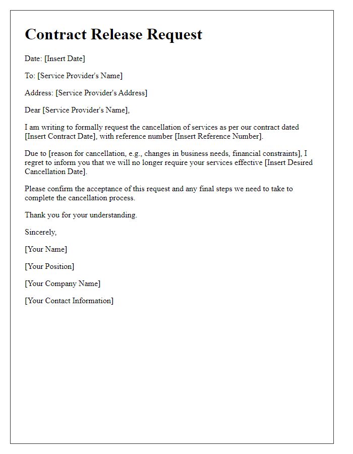 Letter template of contract release request for cancellation of services