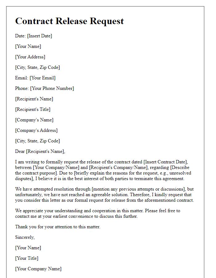 Letter template of contract release request for contractual dispute resolution