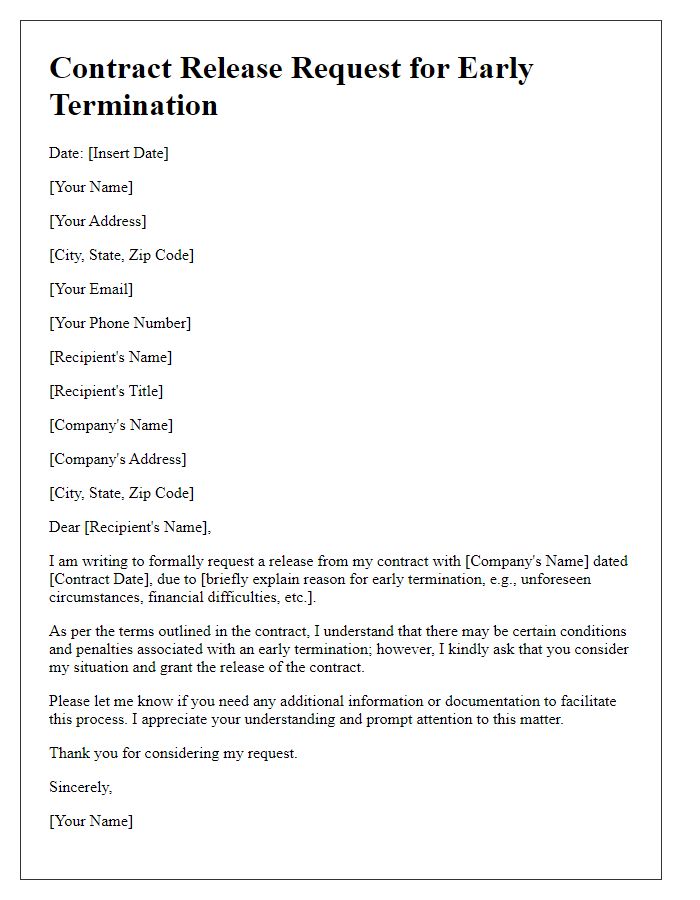 Letter template of contract release request for early termination